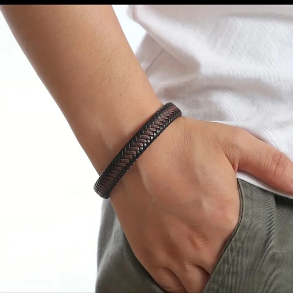 Men's Leather Open Bangle, Multi-size  Woven  Leather Hand Rope - Picture 5 of 7